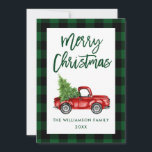 Green Kariert Christmas Brush Script Vintag Truck Feiertagskarte<br><div class="desc">Grün Kariert - Pinselschrift Wasserfarbe Vintager roter Lkw mit Weihnachtsbaum - Frohe Weihnachtskarte</div>