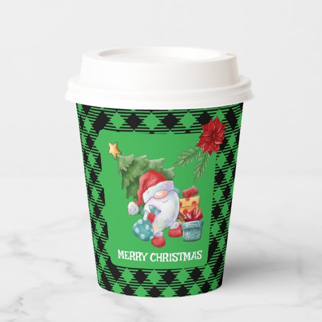 Green Kariert Christmas Gnome Pappbecher (Vorderseite)