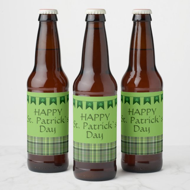 Green Kariert Flags Happy St Patrick`s Day Bierflaschenetikett (Flaschen)