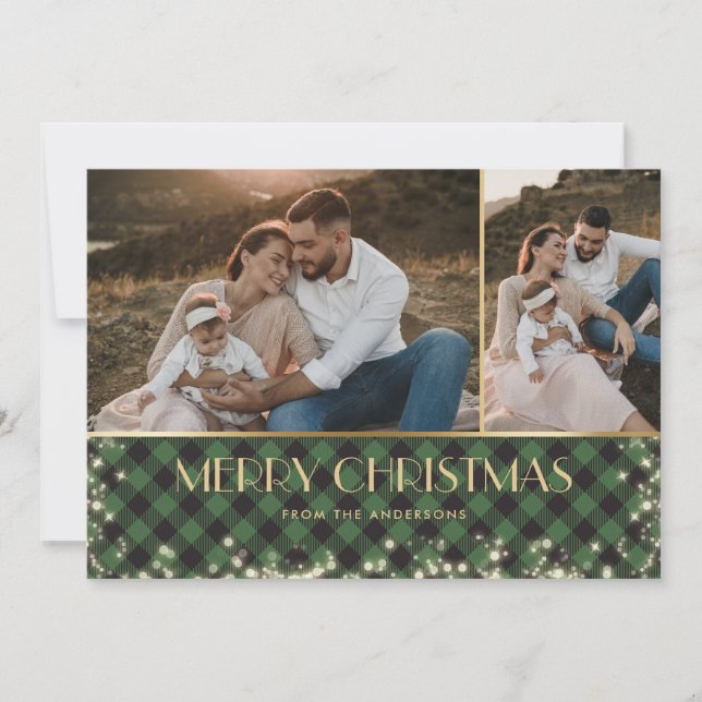 Green Kariert Gold Foto Funkelnd Frohe Weihnachten (Vorderseite)