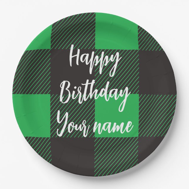 Green Kariert Happy Birthday Pappteller (Vorderseite)