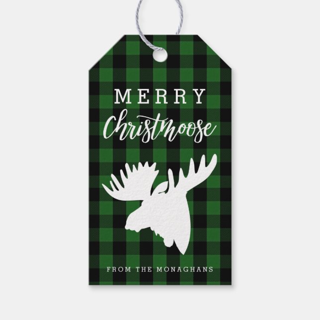 Green Kariert Merry Christmoose Geschenkanhänger (Vorderseite)