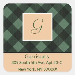 Green Kariert Monogram Rücksendeadresse Square Sie Quadratischer Aufkleber