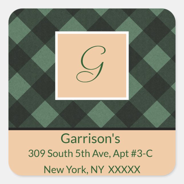 Green Kariert Monogram Rücksendeadresse Square Sie Quadratischer Aufkleber (Vorderseite)