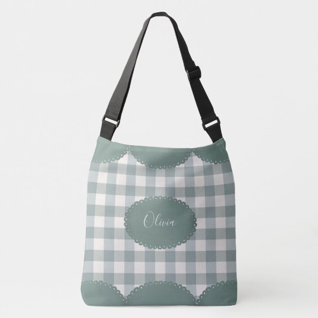 Green Kariert Name Personalisiert Modern Simple Tragetaschen Mit Langen Trägern (Vorderseite)