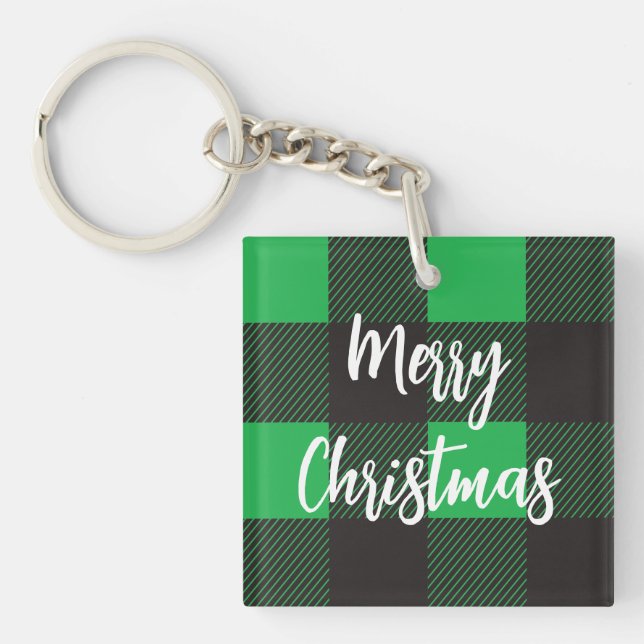 Green Kariert Pattern Frohe Weihnachten Schlüsselanhänger (Vorderseite)