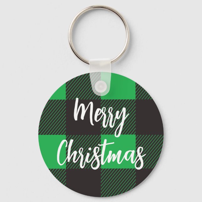 Green Kariert Pattern Frohe Weihnachten Schlüsselanhänger (Vorderseite)