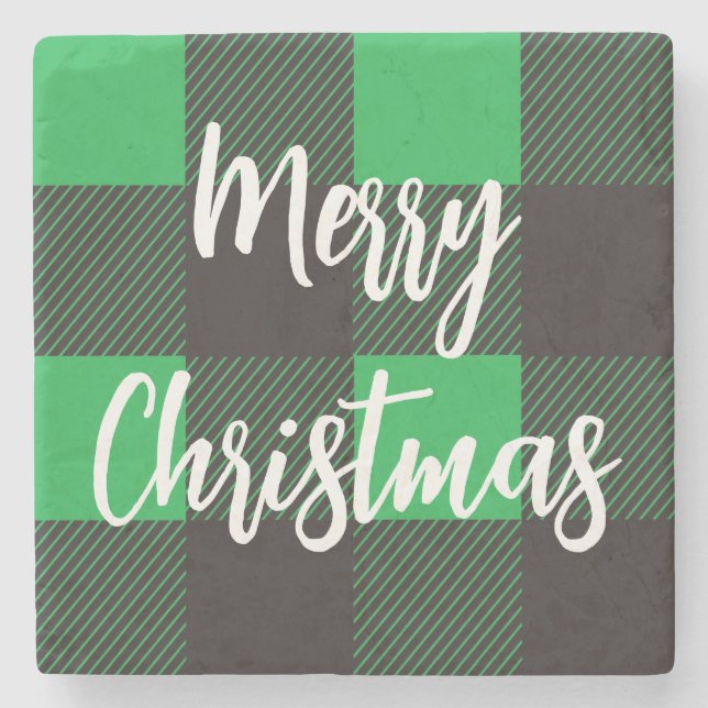 Green Kariert Pattern Frohe Weihnachten Steinuntersetzer (Vorderseite)
