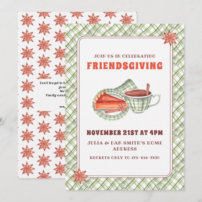 Green Kariert Pumpkin Pie Erntedank Friendsgiving Einladung (Vorne/Hinten)