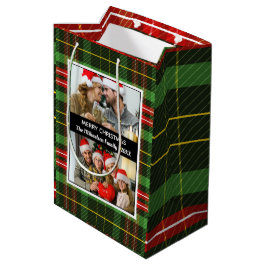 Green Kariert Tartan Foto Collage Frohe Weihnachte Mittlere Geschenktüte