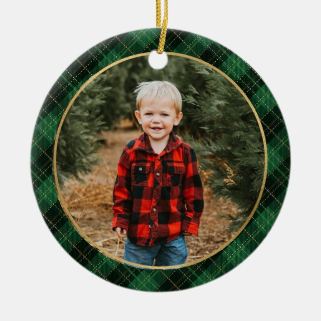 Green Karierte Weihnachtsschrift Foto Ornament (Vorne)