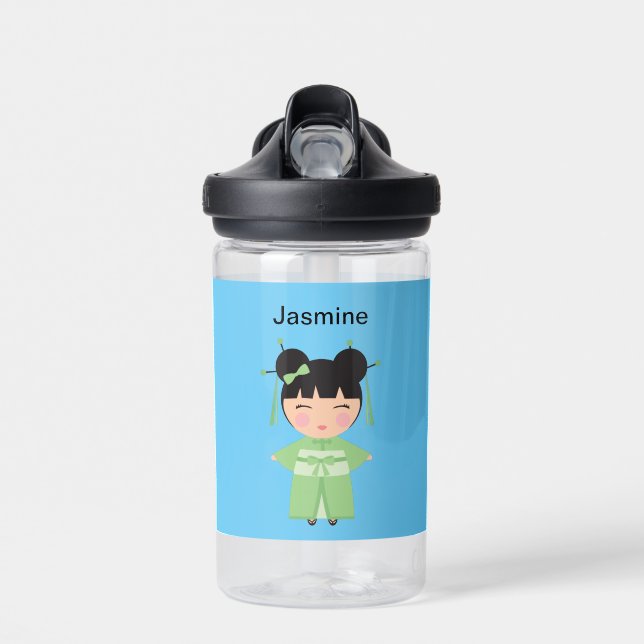 Green Kimono japanische Puppe Personalisiert Trinkflasche (Vorne)