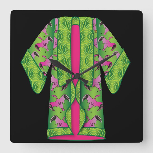 Green Kimono Wall Clock Quadratische Wanduhr (Vorderseite)