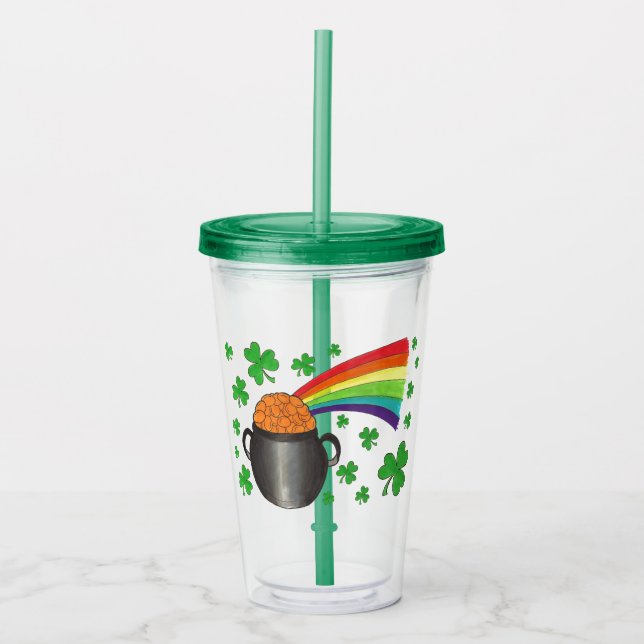 Green Kleeblatt Pot of Gold Rainbow St. Paddy's Da Acryltrinkbecher (Vorderseite)