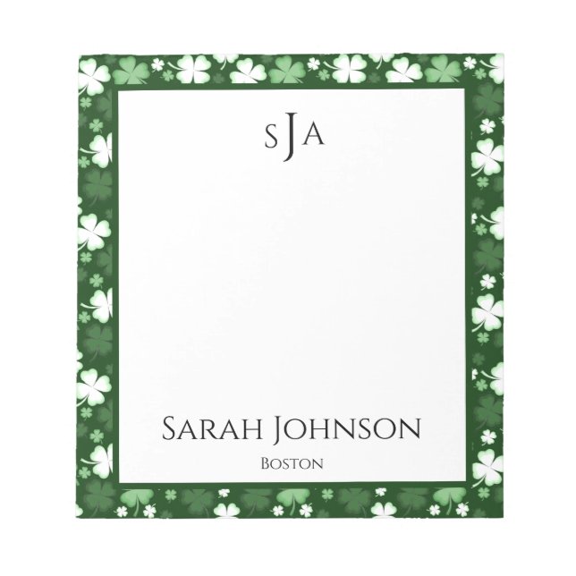 Green Kleeblatt, St. Patrick's Day Monogram Notizblock (Vorderseite)