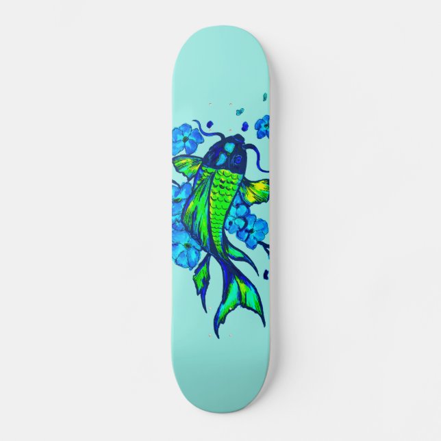 Green Koi Carp Blue Flowers Skateboard (Vorderseite)