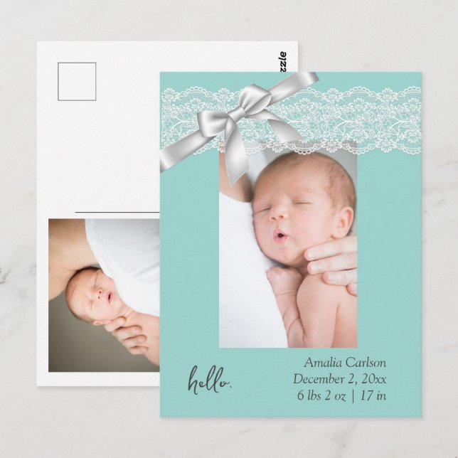 Green Lace Birth Announccard Postkarte (Vorne/Hinten)