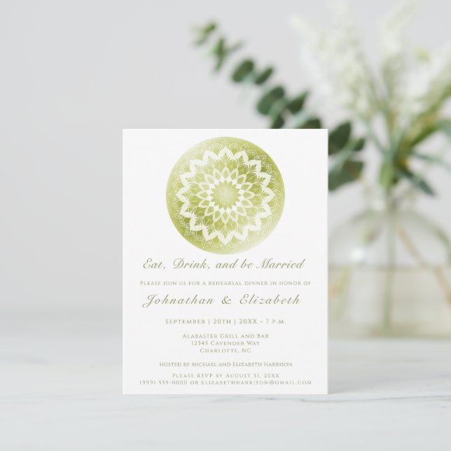 Green Lace Mandala Rehearsal Dinner Einladung (Stehend Vorderseite)