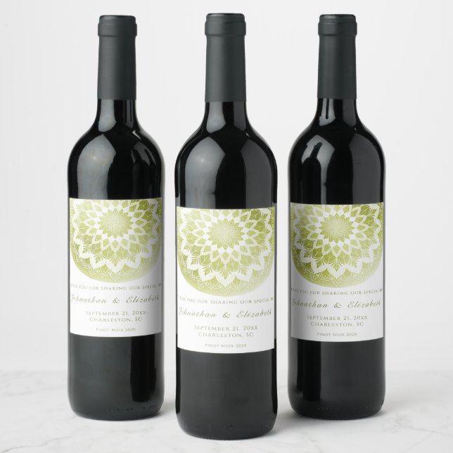 Green Lace Mandala Wedding Wine Label Weinetikett (Flaschen)