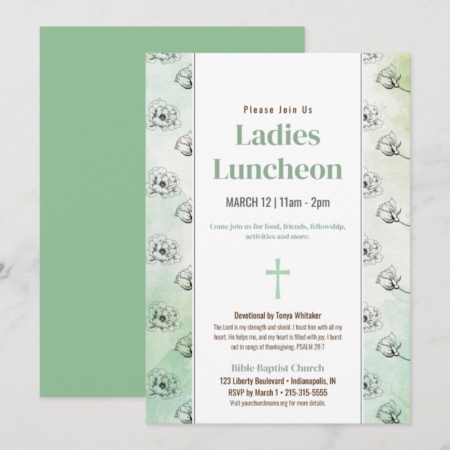 Green Ladys Church Luncheon Sketched Blume Einladung (Vorne/Hinten)