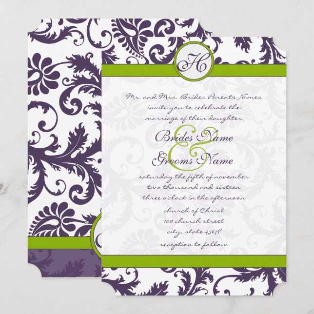 Green Lapis Purple Mariage damassé Invitation (Devant / Derrière)