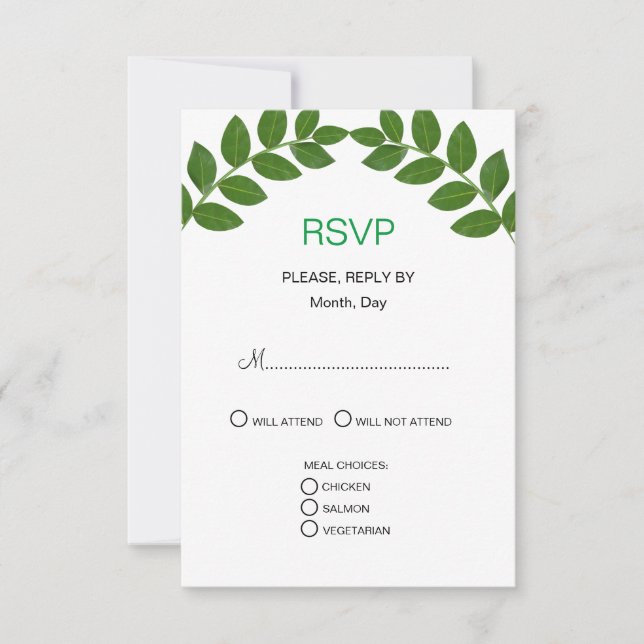 Green Laurel Blätter Wedding RSVP Karte (Vorderseite)