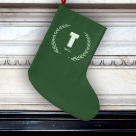 Green Laurel Wreath Letter T Monogram  Großer Weihnachtsstrumpf