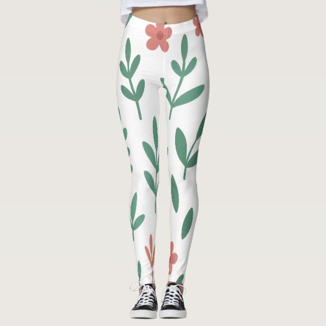 Green Leaf and Pink Flower  Pattern Legging (Devant)