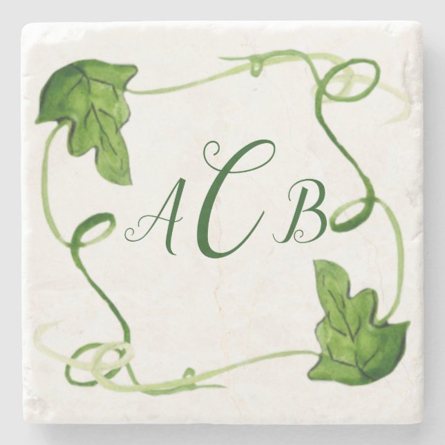 Green Leaf Art Custom Monogram Steinuntersetzer (Vorderseite)
