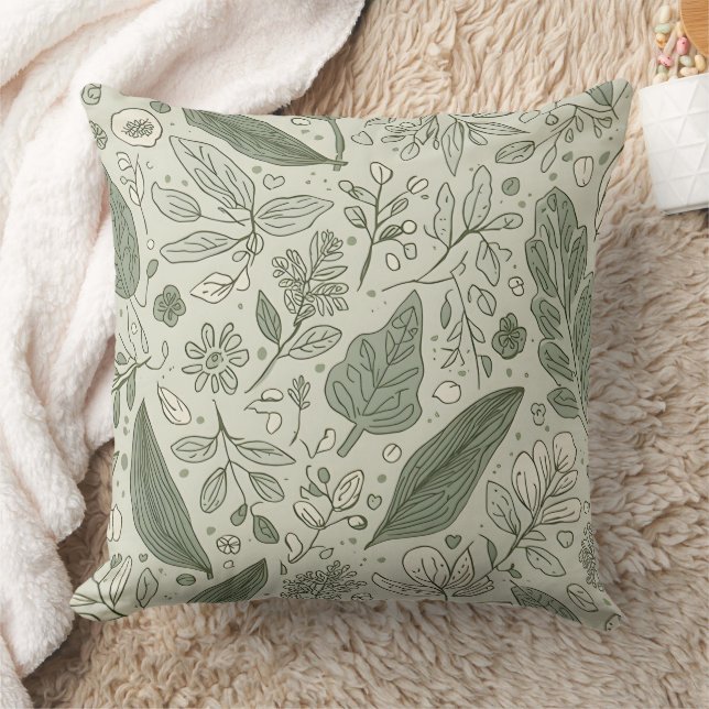 Green Leaf Pattern Throw Pillow | Botanical Nature Kissen (Decke)