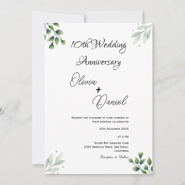 Green Leaf' Standard 10th Wedding Anniversary  Einladung (Vorderseite)