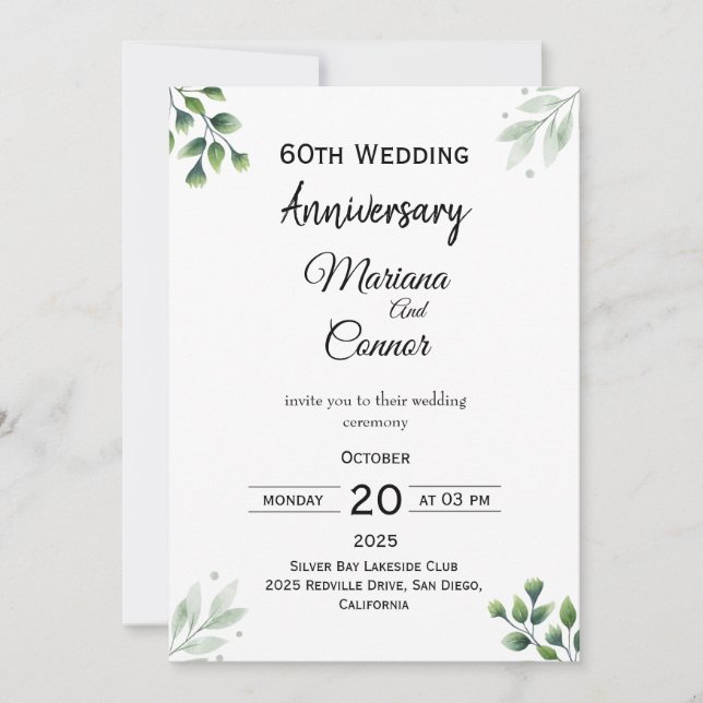 Green Leaf' Standard 60th Wedding Anniversary  Einladung (Vorderseite)