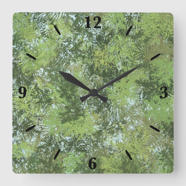 Green Leaf Trees With Blue Sky Peaking Through Art Quadratische Wanduhr (Vorderseite)