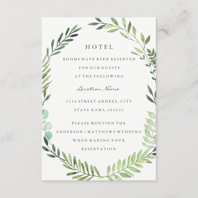 Green Leaf Wreath Wedding Hotel Unterkunft Begleitkarte (Vorderseite)