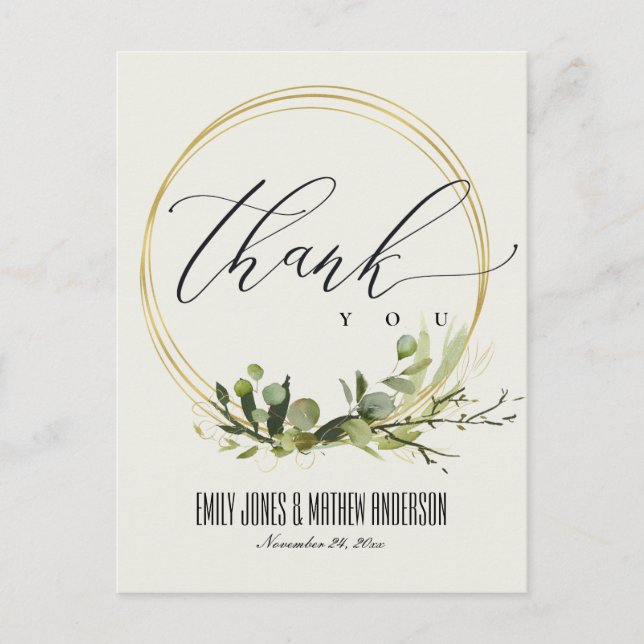 GREEN LEAFY FOLIAGE WATERCOLOR WEDING DANKE POSTKARTE (Vorderseite)