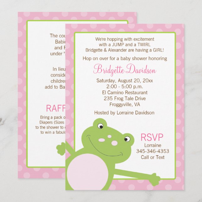Green Leap Frog Girl Pink Babydusche Einladung (Vorne/Hinten)