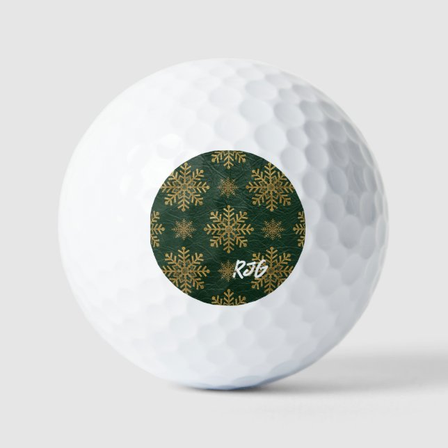Green Leather Tooled with Gold Snowflakes Initials Golfball (Vorderseite)