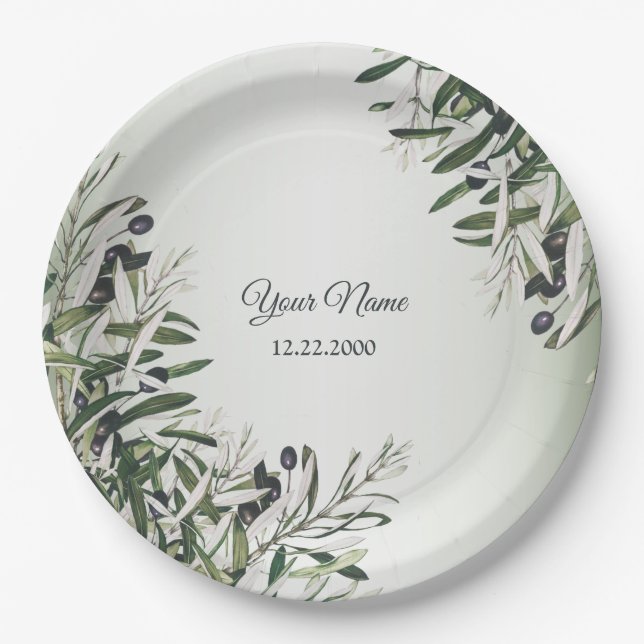 Green Leaves Black Olive Elegant Wedding Party Pappteller (Vorderseite)