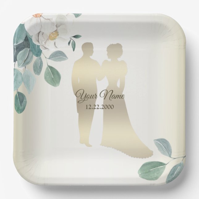 Green Leaves Flower Golden Frame Wedding Party Pappteller (Vorderseite)