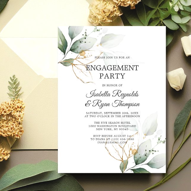 Green Leaves Gold Watercolor ENGAGEMENT PARTY Einladung (Von Creator hochgeladen)