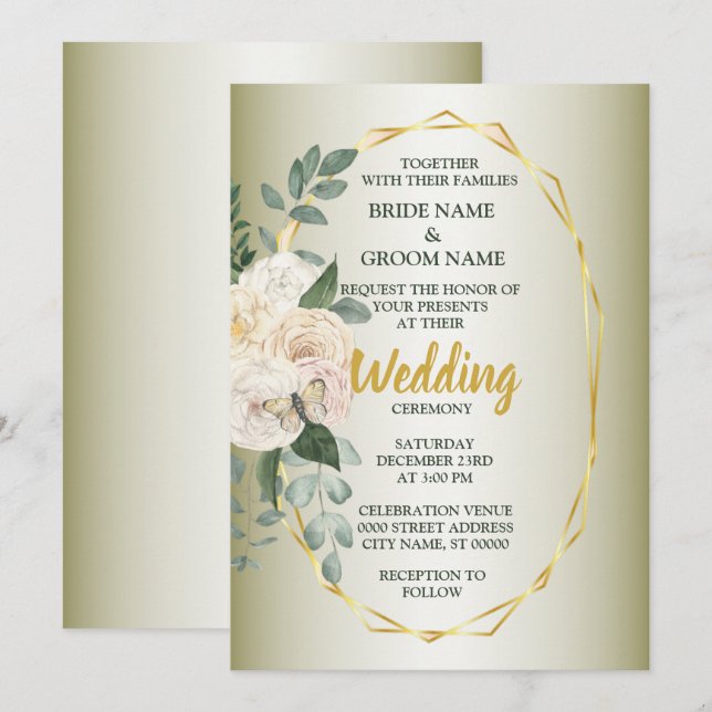 Green Leaves Pink Floral Golden Geometric Wedding Einladung (Vorne/Hinten)