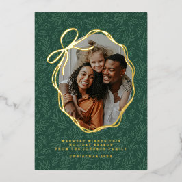 Green Leaves Vintage Gold Bow Christmas Photo Folien Feiertagskarte