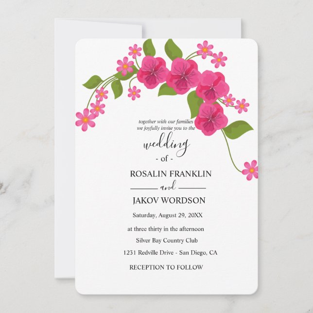 green & light magenta floral wedding einladung (Vorderseite)