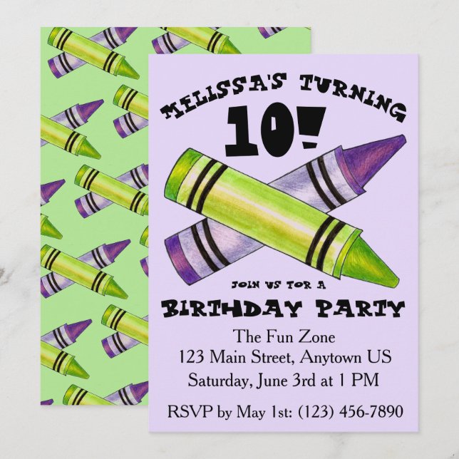 Green Lila Artist Crayons Child Birthday Party Einladung (Vorne/Hinten)