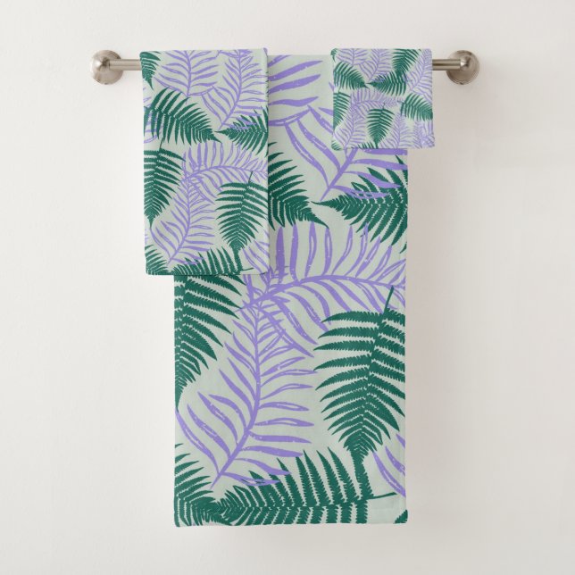 Green Lila Fern Blätter Retro 70er Blume Muster Badhandtuch Set (Insitu)