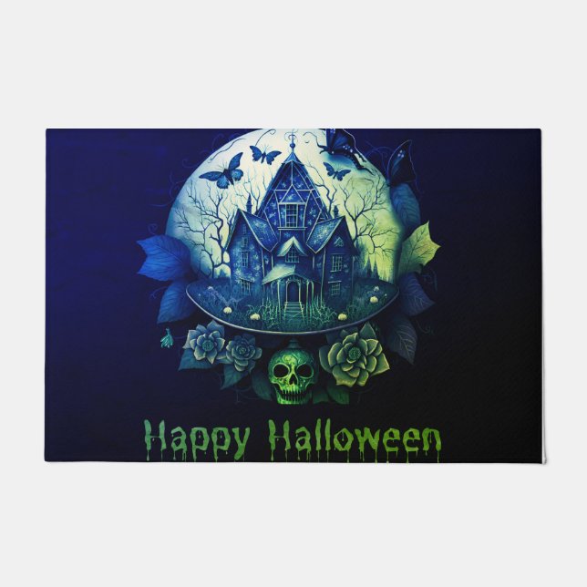 Green Lila Gothic Spuk House Happy Halloween Fußmatte (Vorderseite)