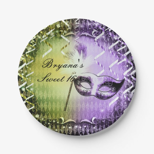 Green & Lila Masquerade Mask Mardi Gras Party Pappteller (Vorderseite)