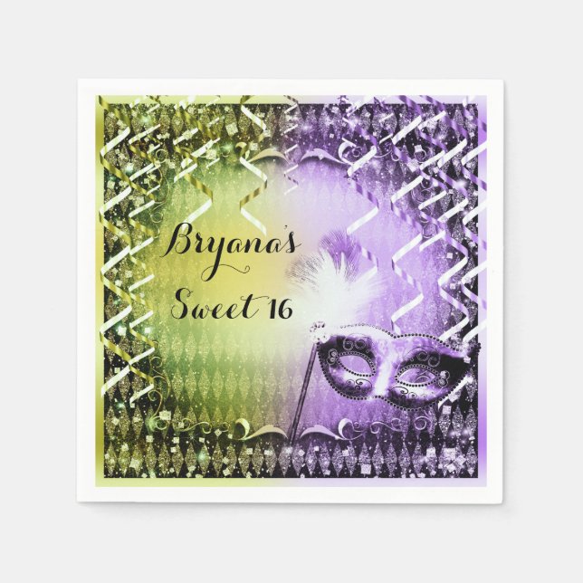 Green & Lila Masquerade Mask Mardi Gras Party Serviette (Vorderseite)