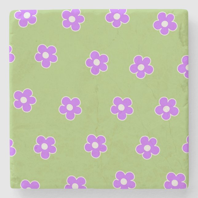 Green Lila Retro Y2K Blume Muster Steinuntersetzer (Vorderseite)