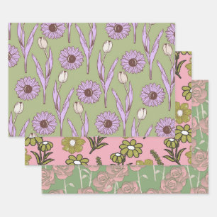 Green Lila Retro Y2K Funky Hippie Blume Muster Geschenkpapier Set